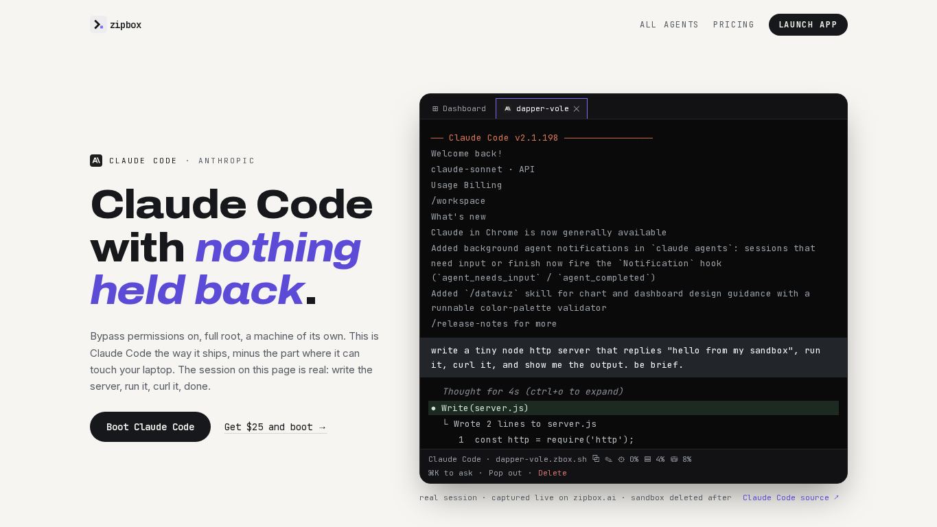 zipbox: cloud machines for AI agents desktop preview captured by PWAs.app